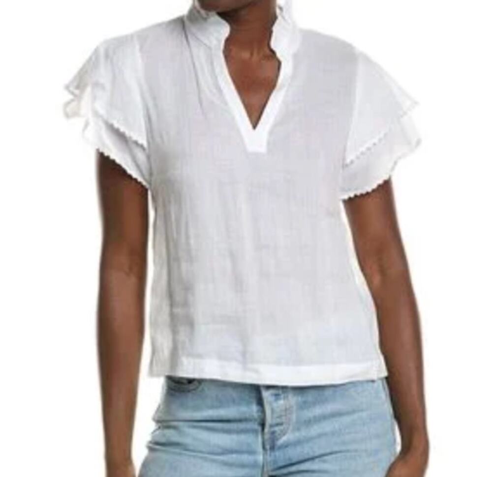 J. McLaughlin Elara Short Ruffle Sleeve Blouse Shirt White Large